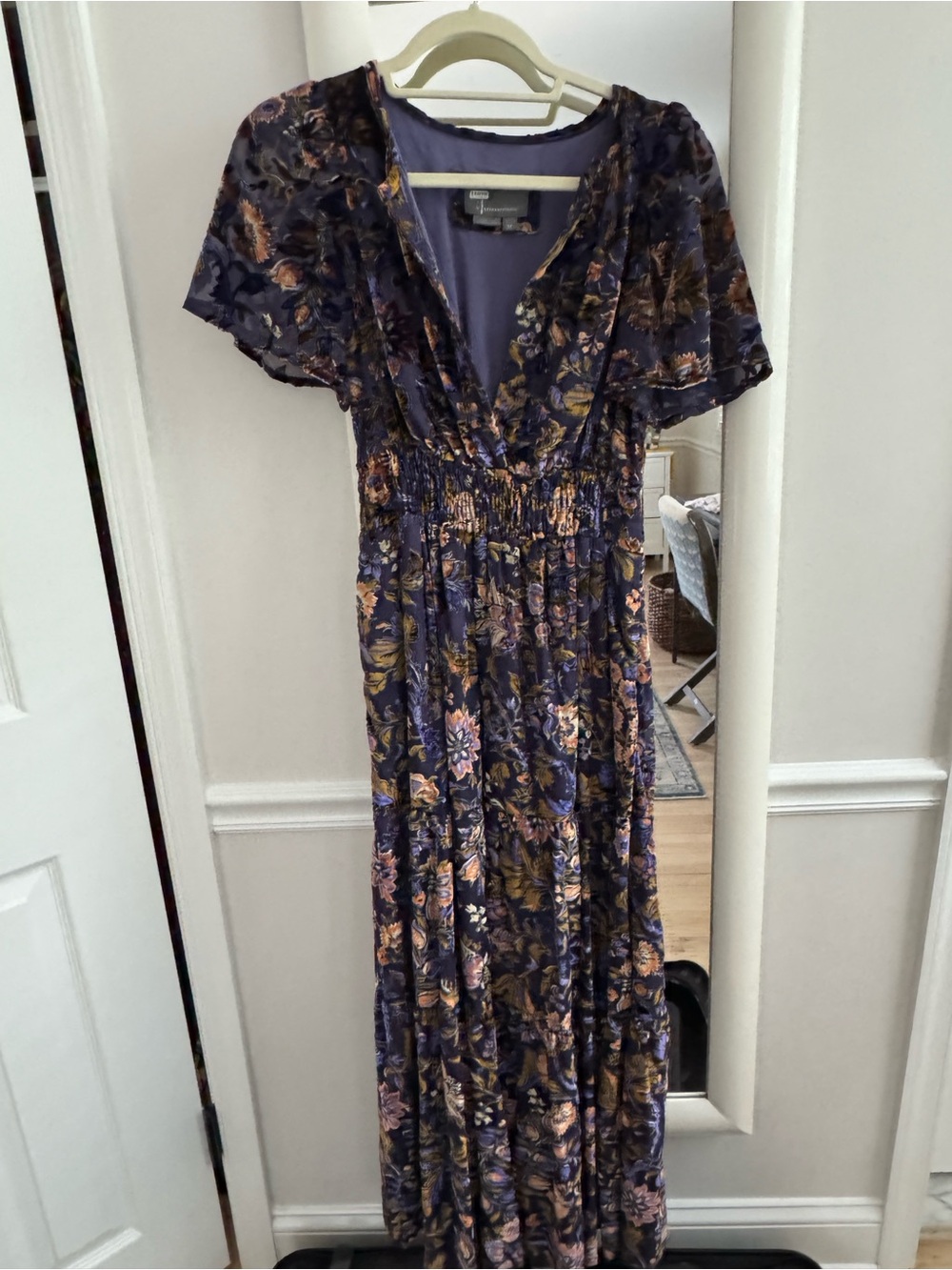 Anthropologie Purple Floral Smocked Maxi Dress